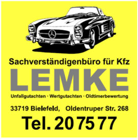 Gelbes Schild mit einem gezeichneten Auto oben, darunter der Text "Sachverständigenbüro für Kfz LEMKE" und Kontaktinformationen mit Telefonnummer.